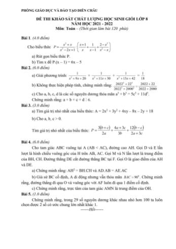 Đề thi khảo sát chất lượng học sinh giỏi Toán Lớp 8 - Năm học 2021-2022 - Phòng GD&ĐT Diễn Châu (Có hướng dẫn chấm)