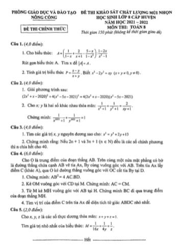 Đề thi khảo sát chất lượng mũi nhọn học sinh giỏi cấp huyện Toán Lớp 8 - Năm học 2021-2022 - Phòng GD&ĐT Nông Công