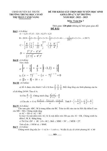 Đề thi khảo sát chọn đội tuyển học sinh giỏi cấp trường Toán Lớp 7 - Năm học 2022-2023 - Trường THCS Thị trấn Cành Nàng (Có hướng dẫn chấm)