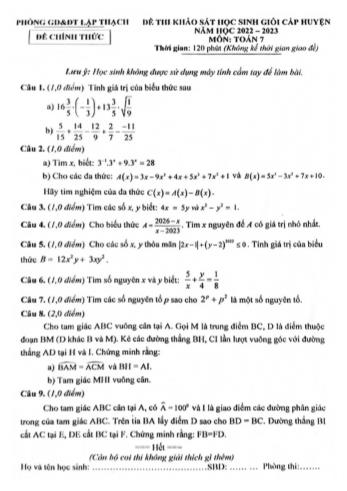 Đề thi khảo sát học sinh giỏi cấp huyện Toán Lớp 7 - Năm học 2022-2023 - Phòng GD&ĐT Lập Thạch