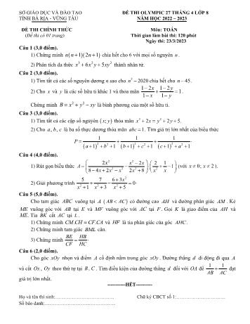 Đề thi Olympic 27 tháng 4 Toán Lớp 8 - Năm học 2022-2023 - Sở GD&ĐT Bà Rịa - Vũng Tàu (Có hướng dẫn chấm)