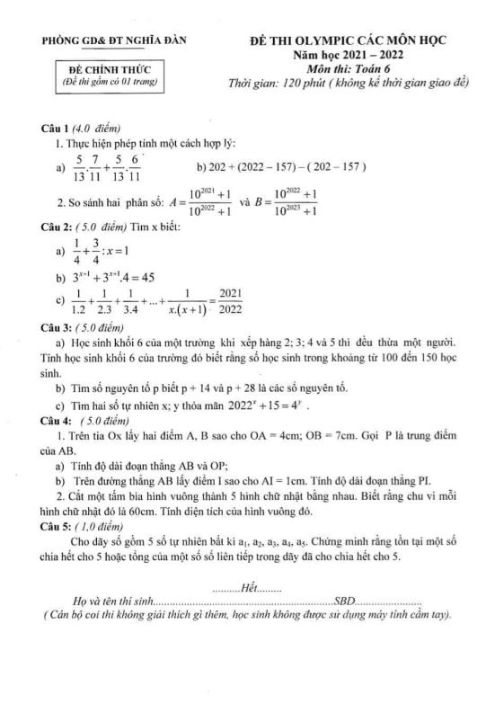 Đề thi Olympic các môn học Toán Lớp 6 - Năm học 2021-2022 - Phòng GD&ĐT Nghĩa Đàn