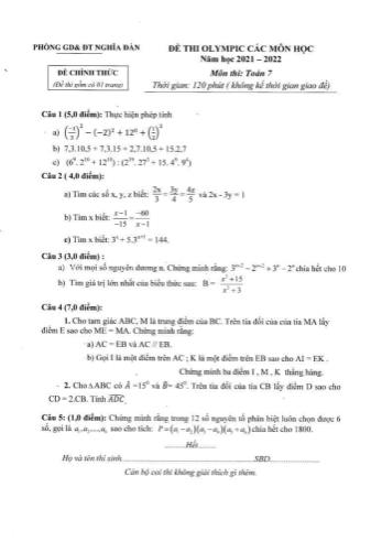 Đề thi Olympic các môn học Toán Lớp 7 - Năm học 2021-2022 - Phòng GD&ĐT Nghĩa Đàn