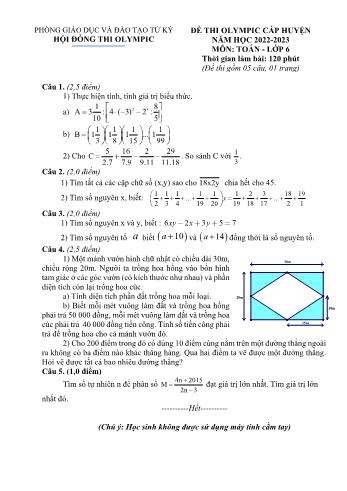 Đề thi Olympic cấp huyện Toán Lớp 6 - Năm học 2022-2023 - Phòng GD&ĐT Tứ Kỳ (Có hướng dẫn chấm)