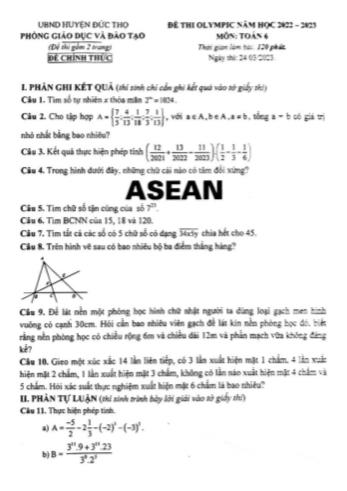 Đề thi Olympic Toán Lớp 6 - Năm học 2022-2023 - Phòng GD&ĐT Đức Thọ