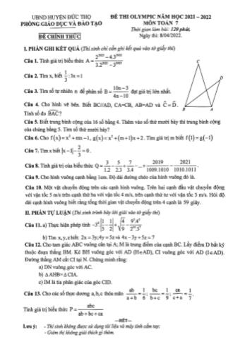 Đề thi Olympic Toán Lớp 7 - Năm học 2021-2022 - Phòng GD&ĐT Đức Thọ