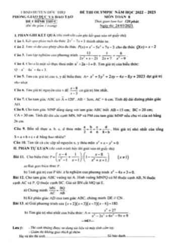 Đề thi Olympic Toán Lớp 8 - Năm học 2021-2022 - Phòng GD&ĐT Đức Thọ