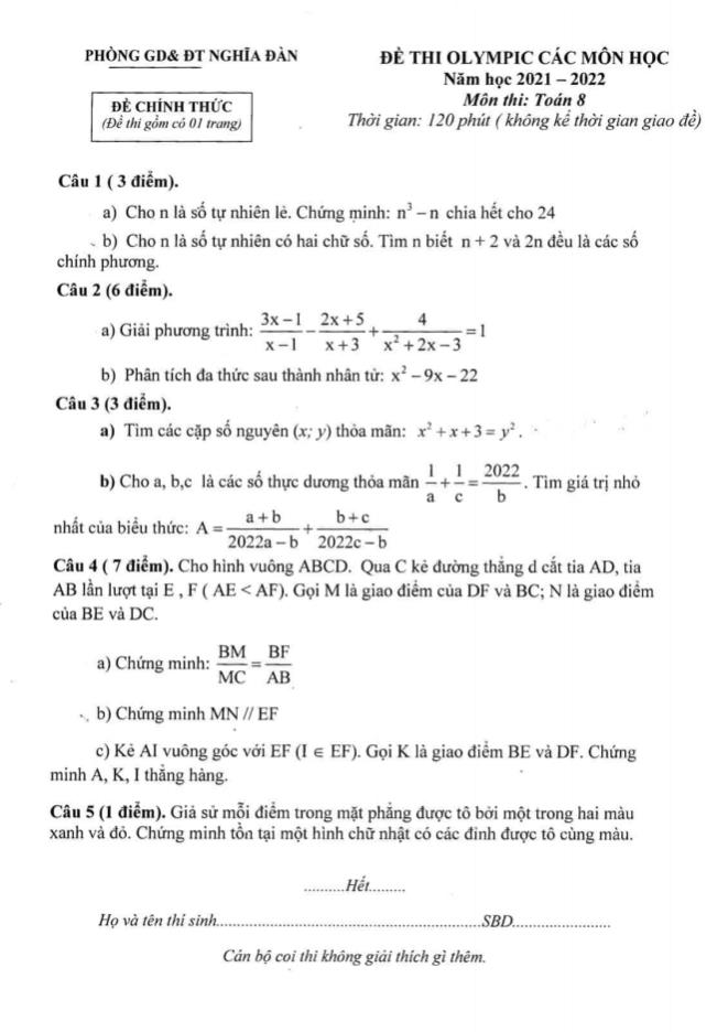Đề thi Olympic Toán Lớp 8 - Năm học 2021-2022 - Phòng GD&ĐT Nghĩa Bản