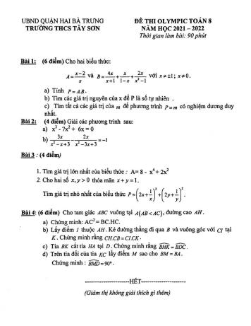 Đề thi Olympic Toán Lớp 8 - Năm học 2021-2022 - Trường THCS Tây Sơn