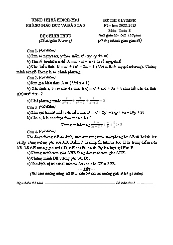 Đề thi Olympic Toán Lớp 8 - Năm học 2022-2023 - Phòng GD&ĐT Hoàng Mai (Có hướng dẫn chấm)
