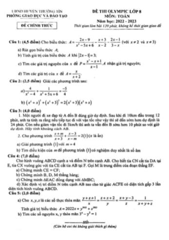Đề thi Olympic Toán Lớp 8 - Năm học 2022-2023 - Phòng GD&ĐT Thường Tín