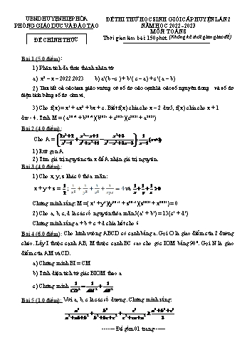 Đề thi thử học sinh giỏi cấp huyện Toán Lớp 8 (Lần 2) - Năm học 2022-2023 - Phòng GD&ĐT Hiệp Hòa (Có hướng dẫn chấm)