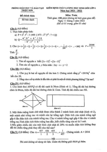 Kiểm định chất lượng học sinh giỏi Toán Lớp 6 - Năm học 2021-2022 - Phòng GD&ĐT Triệu Sơn