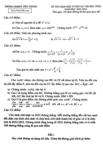 Kỳ thi chọn đội tuyển dự thi học sinh giỏi cấp tỉnh Toán Lớp 9 - Năm học 2022-2023 - Phòng GD&ĐT Yên Thành (Có hướng dẫn chấm)