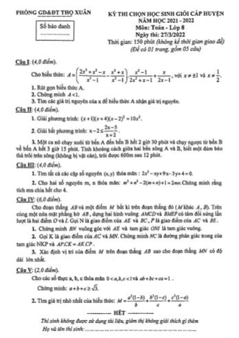 Kỳ thi chọn học sinh giỏi cấp huyện Toán Lớp 8 - Năm học 2021-2022 - Phòng GD&ĐT Thọ Xuân