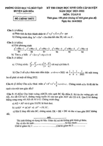 Kỳ thi chọn học sinh giỏi cấp huyện Toán Lớp 8 - Năm học 2021-2022 - Phòng GD&ĐT Sơn Hòa