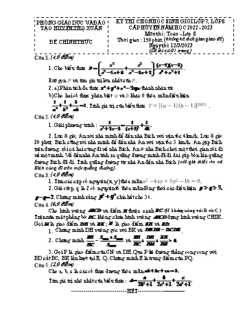 Kỳ thi chọn học sinh giỏi cấp huyện Toán Lớp 8 - Năm học 2022-2023 - Phòng GD&ĐT Thọ Xuân (Có hướng dẫn chấm)