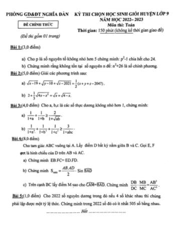 Kỳ thi chọn học sinh giỏi cấp huyện Toán Lớp 9 - Năm học 2022-2023 - Phòng GD&ĐT Nghĩa Đàn