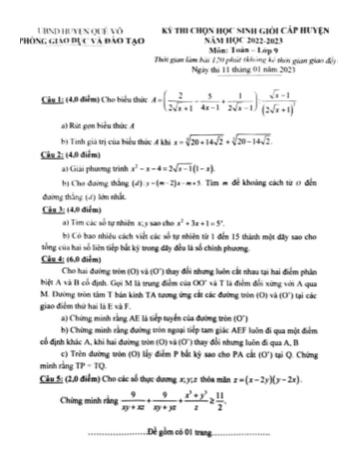 Kỳ thi chọn học sinh giỏi cấp huyện Toán Lớp 9 - Năm học 2022-2023 - Phòng GD&ĐT Quế Võ