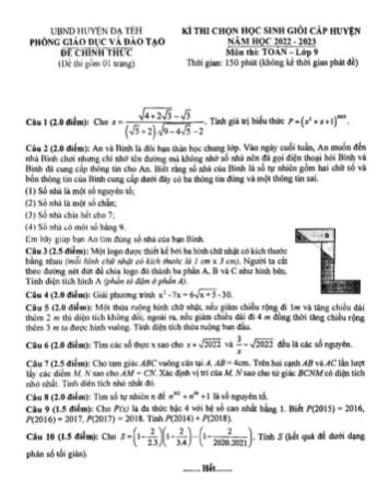Kỳ thi chọn học sinh giỏi cấp huyện Toán Lớp 9 - Năm học 2022-2023 - Phòng GD&ĐT Đạ Tẻh