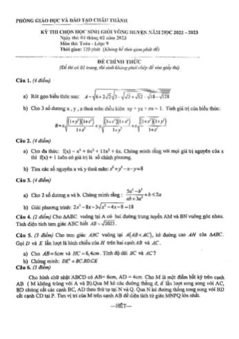 Kỳ thi chọn học sinh giỏi cấp huyện Toán Lớp 9 - Năm học 2022-2023 - Phòng GD&ĐT Châu Thành