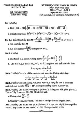 Kỳ thi chọn học sinh giỏi cấp huyện Toán Lớp 9 - Năm học 2022-2023 - Phòng GD&ĐT Củ Chi