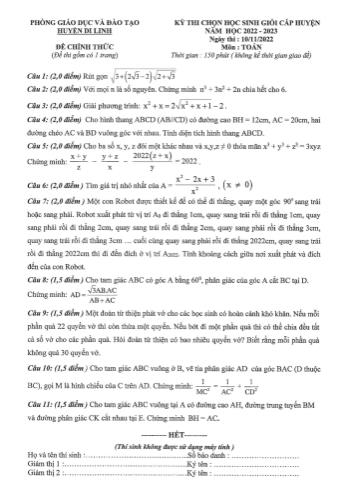 Kỳ thi chọn học sinh giỏi cấp huyện Toán Lớp 9 - Năm học 2022-2023 - Phòng GD&ĐT Di Linh