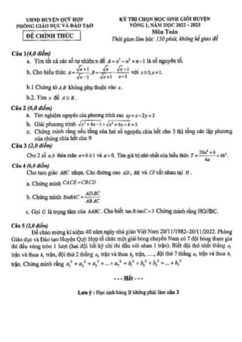 Kỳ thi chọn học sinh giỏi cấp huyện Toán Lớp 9 (Vòng 1) - Năm học 2022-2023 - Phòng GD&ĐT Quỳ Hợp