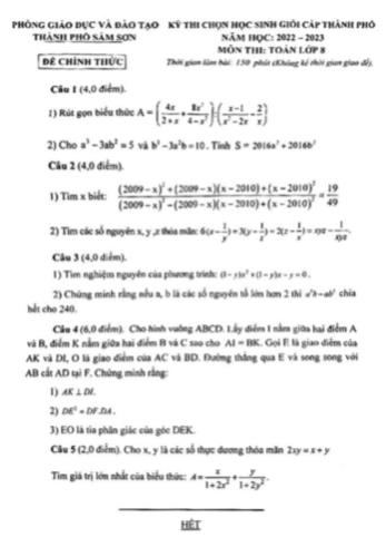 Kỳ thi chọn học sinh giỏi cấp Thành phố Toán Lớp 8 - Năm học 2022-2023 - Phòng GD&ĐT Sầm Sơn