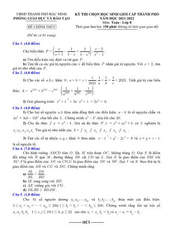 Kỳ thi chọn học sinh giỏi cấp Thành phố Toán Lớp 8 - Năm học 2021-2022 - Phòng GD&ĐT Bắc Ninh (Có hướng dẫn chấm)