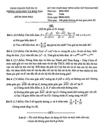 Kỳ thi chọn học sinh giỏi cấp Thành phố Toán Lớp 9 - Năm học 2022-2023 - Phòng GD&ĐT Phan Rang