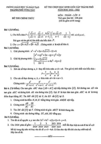 Kỳ thi chọn học sinh giỏi cấp Thành phố Toán Lớp 9 - Năm học 2022-2023 - Phòng GD&ĐT Vũng Tàu