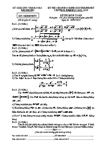 Kỳ thi chọn học sinh giỏi cấp Thành phố Toán Lớp 9 - Năm học 2022-2023 - Sở GD&ĐT Hải Phòng (Có đáp án)