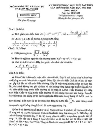 Kỳ thi chọn học sinh giỏi cấp Thành phố Toán Lớp 9 - Năm học 2022-2023 - Phòng GD&ĐT Buôn Ma Thuột