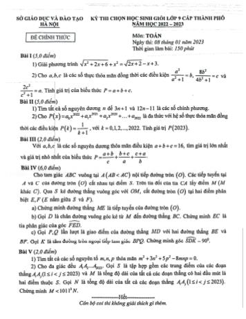 Kỳ thi chọn học sinh giỏi cấp Thành phố Toán Lớp 9 - Năm học 2022-2023 - Sở GD&ĐT Hà Nội (Có lời giải)