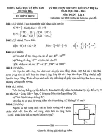 Kỳ thi chọn học sinh giỏi cấp Thị xã Toán Lớp 6 - Năm học 2022-2023 - Phòng GD&ĐT Hương Trà