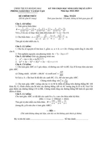Kỳ thi chọn học sinh giỏi cấp Thị xã Toán Lớp 9 - Năm học 2022-2023 - Phòng GD&ĐT Hoàng Mai (Có hướng dẫn chấm)