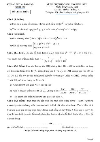 Kỳ thi chọn học sinh giỏi cấp tỉnh Toán Lớp 9 - Bảng A - Năm học 2022-2023 - Sở GD&ĐT Nghệ An (Có hướng dẫn chấm)