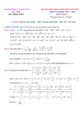 Kỳ thi chọn học sinh giỏi cấp tỉnh Toán Lớp 9 - Năm học 2022-2023 - Sở GD&ĐT Hà Tĩnh (Có gợi ý)