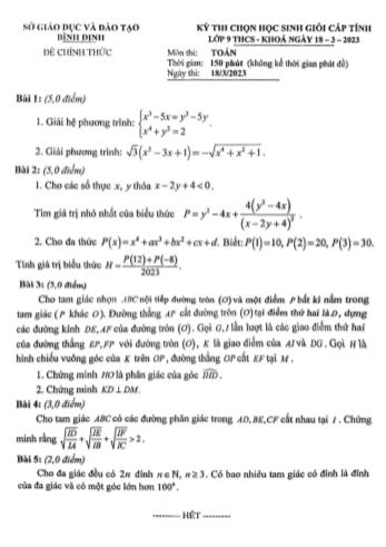 Kỳ thi chọn học sinh giỏi cấp tỉnh Toán Lớp 9 - Năm học 2022-2023 - Sở GD&ĐT Bình Định