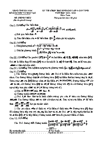 Kỳ thi chọn học sinh giỏi cấp tỉnh Toán Lớp 9 - Năm học 2022-2023 - Sở GD&ĐT Hà Nam (Có đáp án)
