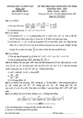 Kỳ thi chọn học sinh giỏi cấp tỉnh Toán Lớp 9 - Năm học 2022-2023 - Sở GD&ĐT Đắk Lắk