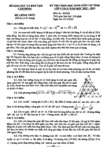 Kỳ thi chọn học sinh giỏi cấp tỉnh Toán Lớp 9 - Năm học 2022-2023 - Sở GD&ĐT Lâm Đồng