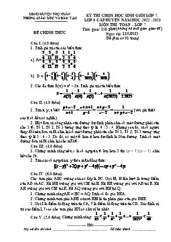 Kỳ thi chọn học sinh giỏi Toán Lớp 7 - Năm học 2022-2023 - Phòng GD&ĐT Thọ Xuân (Có hướng dẫn chấm)