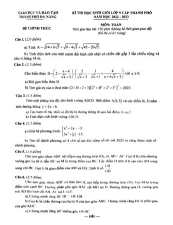 Kỳ thi học sinh giỏi cấp Thành phố Toán Lớp 9 - Năm học 2022-2023 - Sở GD&ĐT Đà Nẵng