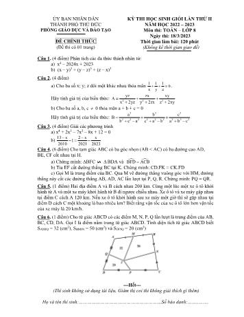 Kỳ thi học sinh giỏi lần thứ 2 Toán Lớp 8 - Năm học 2022-2023 - Phòng GD&ĐT Thủ Đức (Có hướng dẫn chấm)