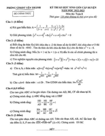 Kỳ thi khảo sát học sinh giỏi cấp huyện Toán Lớp 8 - Năm học 2022-2023 - Phòng GD&ĐT Yên Thành