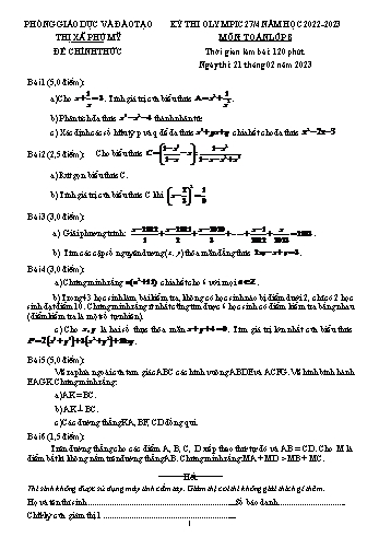 Kỳ thi Olympic 27 tháng 4 Toán Lớp 8 - Năm học 2022-2023 - Phòng GD&ĐT Phú Mỹ (Có hướng dẫn chấm)
