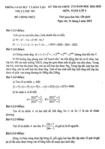 Kỳ thi Olympic 274 Toán Lớp 6 - Năm học 2022-2023 - Phòng GD&ĐT Thị xã Phú Mỹ