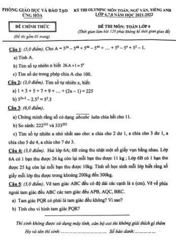 Kỳ thi Olympic Toán Lớp 6 - Năm học 2021-2022 - Phòng GD&ĐT Ứng Hòa